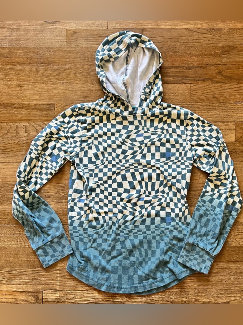 Hooded Long Sleeve Univibe Checkerboard Lightweight Teal Cream Small Boys 6/7
